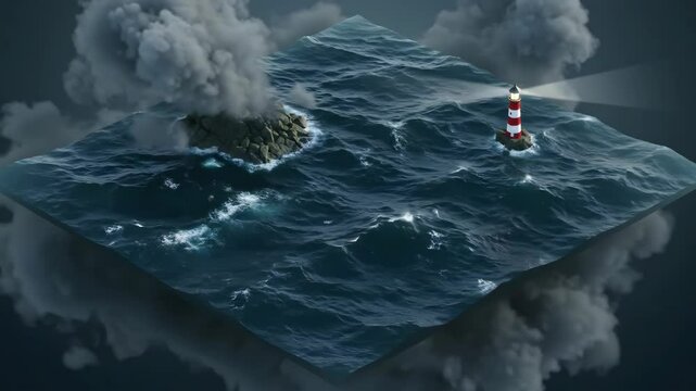 isometric wave and lighthouse