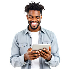 A smiling man with a beard holding a tablet against a black background