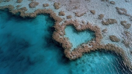 Breathtaking heart shaped coral reef captured in tropical lagoon showcasing vibrant marine life beneath sparkling aqua waters
