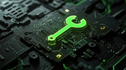 Glowing green wrench on dark tech background.  Repair, maintenance, digital