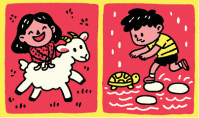 Playful Children and Animals in Colorful Cartoon Illustration Artwork