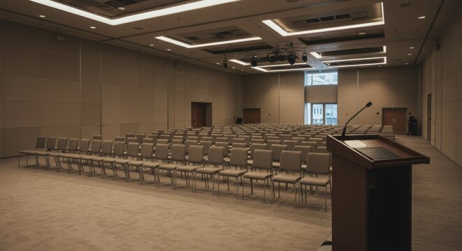 Empty Modern Conference Room with Rows of Chairs and Podium