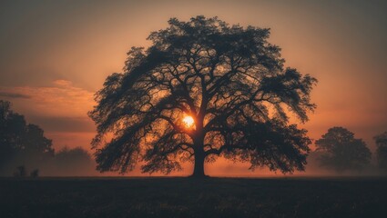 Fototapeta premium Tree at sunset with the sun shining through, creating a warm glow and a peaceful atmosphere.