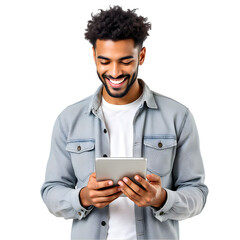 A smiling man with curly hair looking at a tablet on a black background