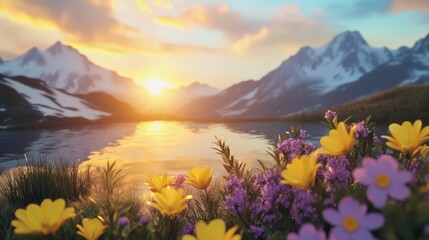 Sunrise Over Alpine Lake with Wildflowers and Snow-Capped Mountains