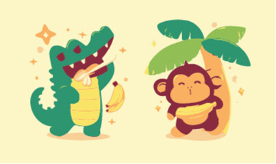 Cute Animal Characters Enjoying Bananas with Palm Tree Background