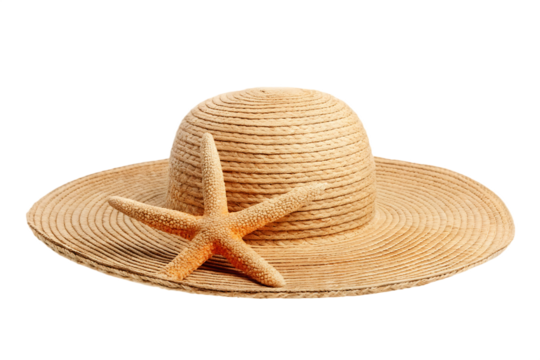 Summer straw hat with starfish isolated on a white background