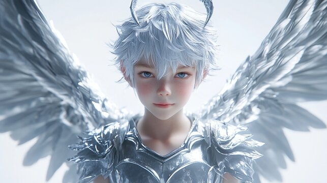 Digital rendering of a young, angelic child, wearing silver armor and large wings - Powered by Adobe