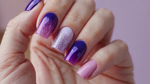 Stunning gradient purple nail art with glitter accents on elegant manicure