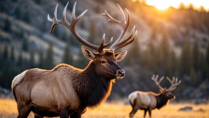 A majestic elk with large antlers standing in a golden field during sunset, with another elk in the background. Wildlife and nature scene at dusk.