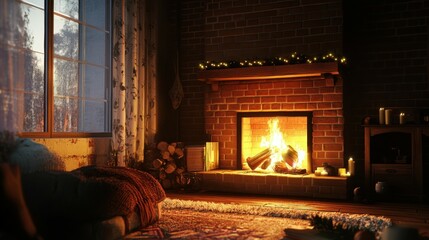Cozy fireplace with crackling fire, brick background, warm lighting, inviting and comforting