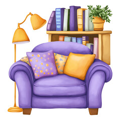 Cozy reading nook illustration purple armchair bookshelf and lamp on transparent background png