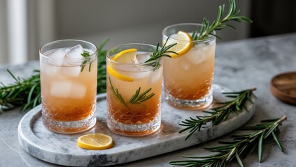 Fototapeta premium Three glasses of iced drinks with lemon slices and sprigs of rosemary on a marble tray, surrounded by fresh rosemary sprigs. Refreshing beverage presentation.