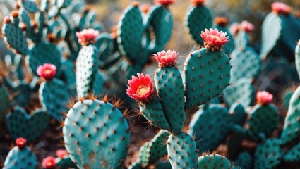 Cactus plants with pink flowers in a desert landscape.