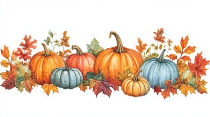 Colorful Assortment of Pumpkins and Autumn Leaves on White Background
