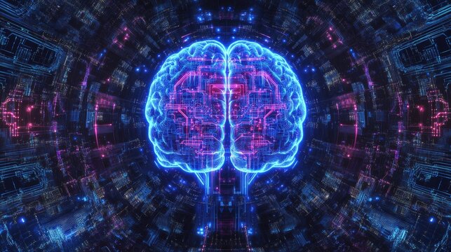 D illustration of AI brain with circuits and microchips surrounded by holographic data