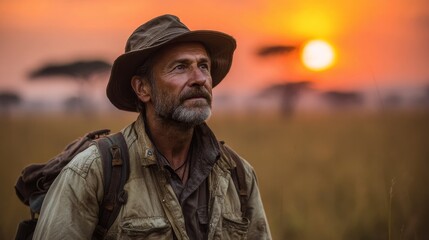 Fototapeta premium Seasoned explorer in khaki safari jacket with utility pockets stands in African savanna at sunset, wearing weathered leather boots and canvas rucksack, scanning horizon with acacia trees and amber sky