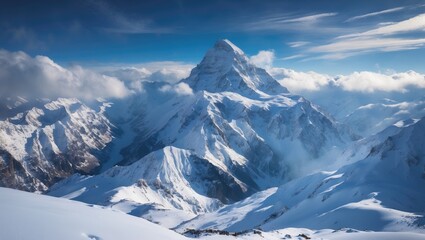 Snow-covered mountain range with a prominent peak under a partly cloudy sky. Majestic mountain landscape. High-altitude scenery and icy terrain.