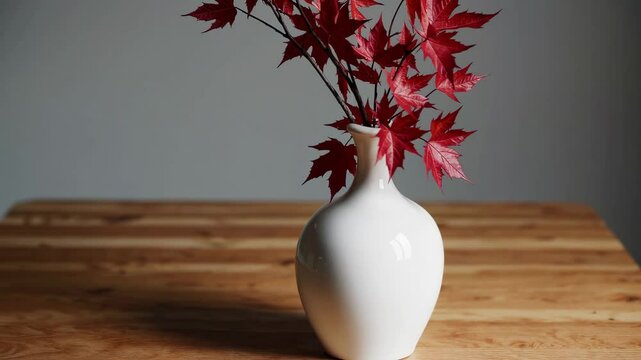 Elegant white vase with red leaves on wooden table: subtle shift in focus and perspective
