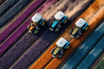 Four tractors working in a colorful field of blooming flowers. Rows of vibrant tulips in shades of purple, orange, and blue create a striking landscape.