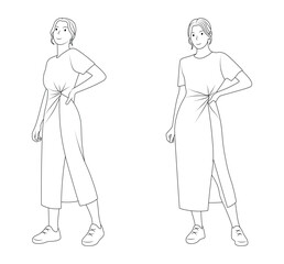 Outline illustration of women wearing dress and sneakers.