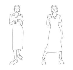 Outline illustration of women in dress and sneakers, standing while holding a coffee cup.