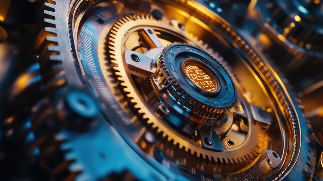Artificial intelligence concept with digital gears, machine code, and futuristic tech interface