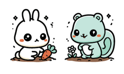 Cute Rabbit and Squirrel Characters with Carrot and Flower Drawing