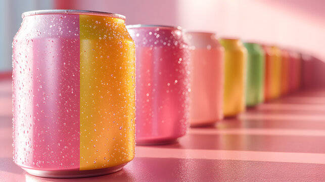 Row of colorful soda cans are lined up on a pink surface. The cans are of various colors, including green, yellow, and pink. The arrangement of the cans creates a visually appealing display