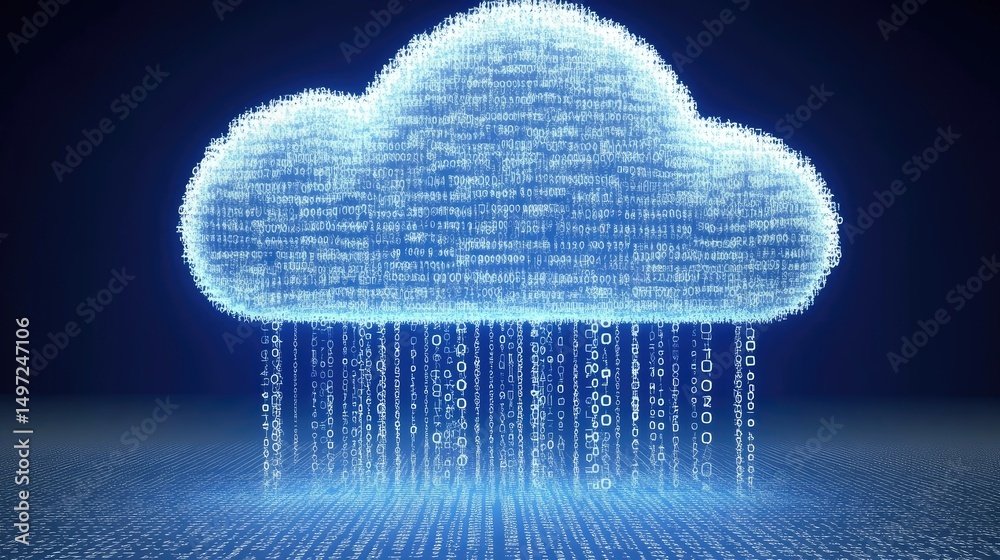 Poster cloud storage illustration in minimalist style with binary digits on a tech blue background