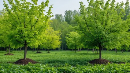 Obraz premium A row of green trees in a park with lush grass and a clear sky.
