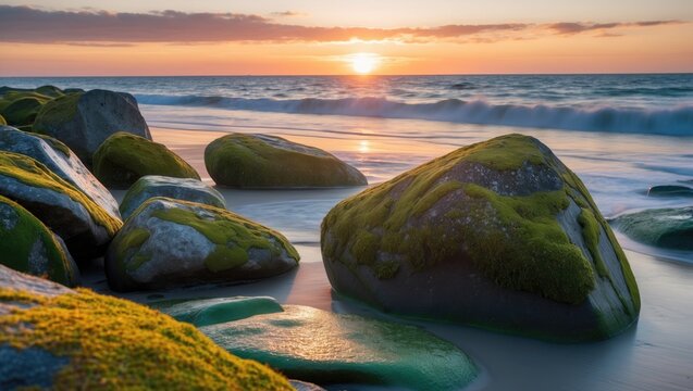Sunset over the ocean with moss-covered rocks on the beach and gentle waves. Coastal landscape, nature, tranquility. - Powered by Adobe