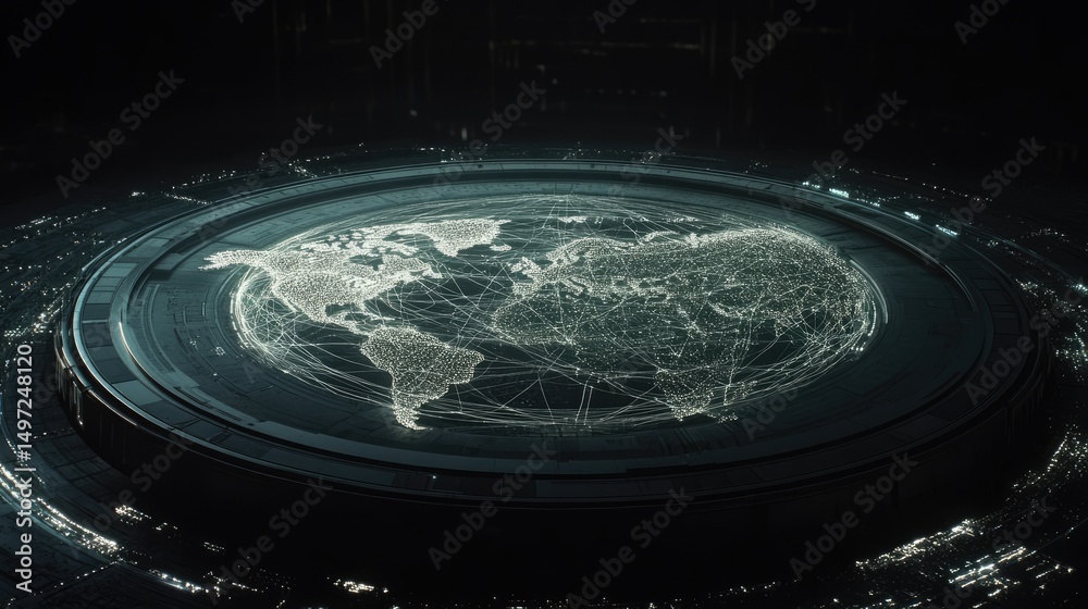 Poster global network technology with world map and lines forming a connected grid