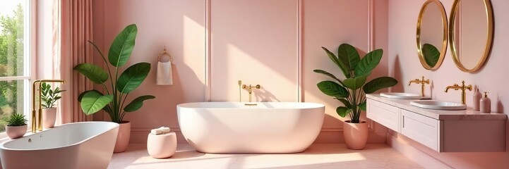 A serene pink bathroom with a freestanding tub, marble accents, and soft natural light Perfect for relaxation and spa-like ambiance Features gold fixtures and lush greenery , bathtub, pink