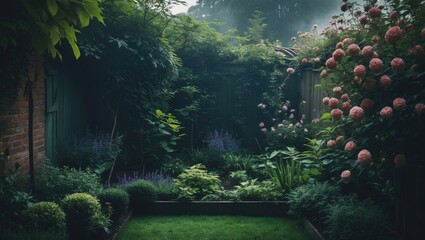 A lush garden scene with various plants, bushes, and flowers, featuring a brick wall and fencing in the background, under soft natural lighting.