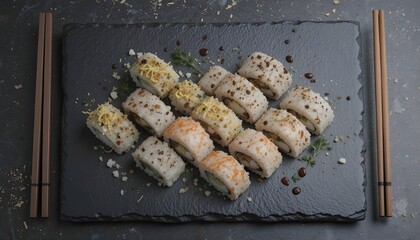 Sushi set on slate plate, minimalist Japanese style, chopsticks on side, open composition 