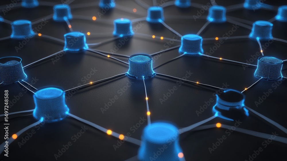 Poster minimalistic black background with blue glowing circuits and neural-style patterns