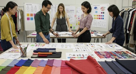 Fashion Design Team Collaboration Diverse Designers Working on Color Palette and Fabric Selection