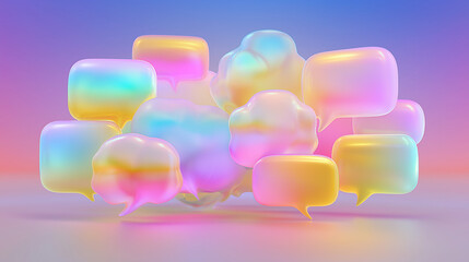 Floating pastel speech bubbles in a minimalist abstract composition, symbolizing open communication and creative ideas.