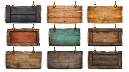 Naklejka premium A 4K photo of vintage Wooden Signs Collection on white background.