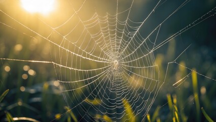 Naklejka premium Close-up of spider web with dew, backlit by morning sun, with blurred green grass in the background. Nature and arachnid spider web detail. The concept of delicate web structure and morning light.