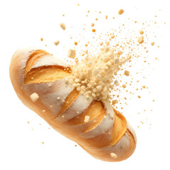 A loaf of bread with crumbs exploding from the center on a black background