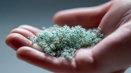 Close-up of hand holding algae granules in soft natural light, perfect for biotechnology, health supplements and alternative nutrition visuals