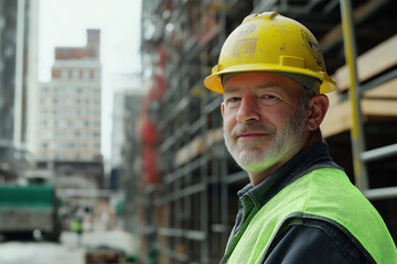 Fototapeta premium Confident Caucasian Mature Man Construction Worker on Busy Urban Site