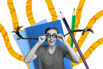 Contemporary poster art collage of happy crazy geek girl hold glasses back to school september...