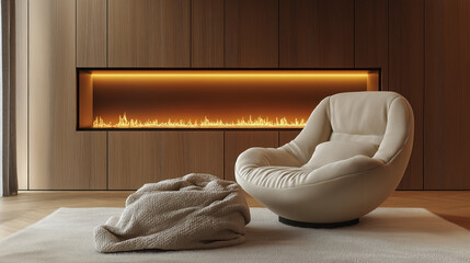 Modern cozy lounge with luxury chair and ambient linear fireplace
