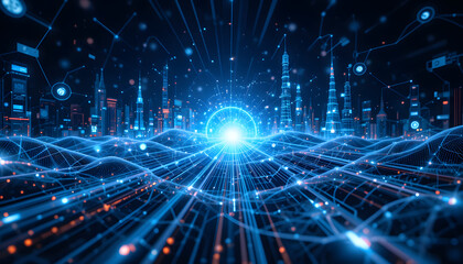 Title: Futuristic Digital Metropolis with Glowing Data Network and Energy Core