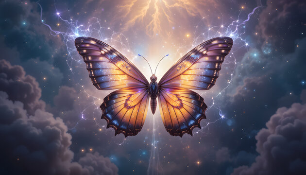Title: Mystical Butterfly with Glowing Wings Amidst Stormy Skies and Cosmic Light
