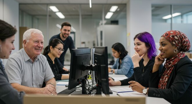 Diverse Group of Professionals Collaborating on Computers in Modern Office