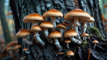 Cluster of mushrooms growing on a tree trunk in a forest environment.